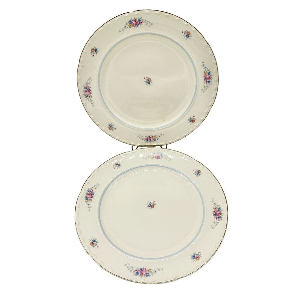 Crooksville China Co Set of 2 Plates 10 inch Cream Gold Trim Blue Pink Florals